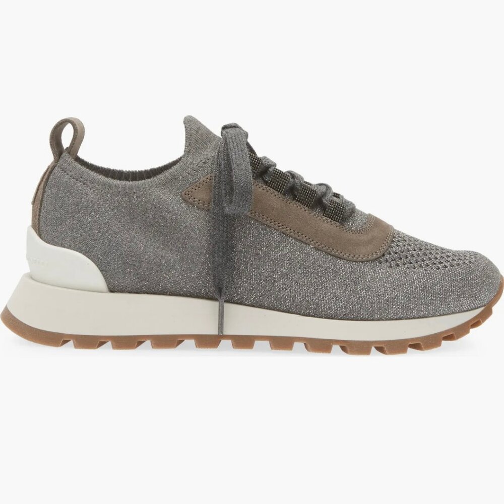 Brunello Cucinelli Monili Metallic Knit Lace-Up Sneaker In Grey